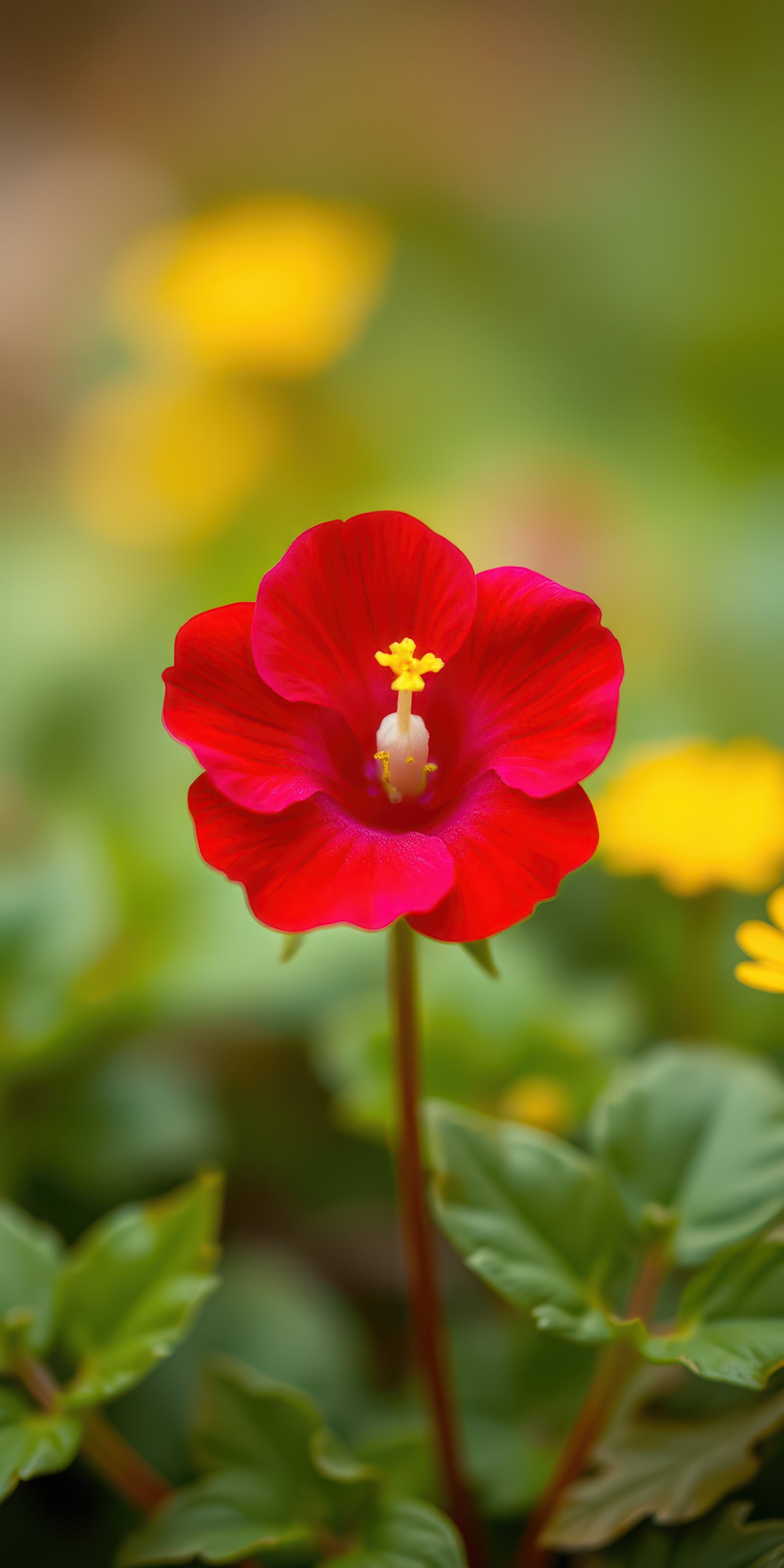 Vibrant red flower blooms amidst green foliage and yellow blossoms in a sunny garden
